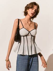 Poéselle 女士夏季休闲度假撞色滚边娃娃衫吊带背心 - 白色 - 查看 7