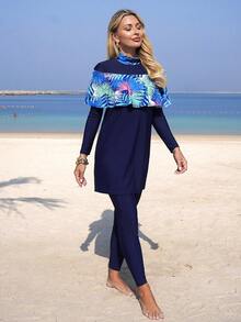 Swim Mulvari 三件套：热带树叶印花和纯色无袖背心、长袖荷叶边沙滩裙、蓝色打底裤、优雅修身女士泳装 - 藍色 - 查看 3