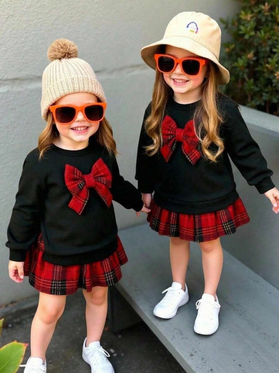 SHEIN Đầm dài tay dày giữ nhiệt họa tiết khối màu dễ thương cho bé gái, mùa thu/đông - Nhiều màu - Xem 1