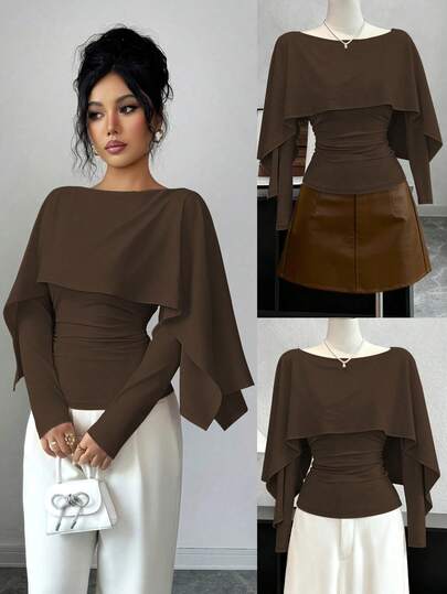 SHEIN Elenzya New Women's Shawl Collar Long Sleeve Elastic Knit Casual Slim Fit T-Shirt, Elegant & Versatile For Daily Wear