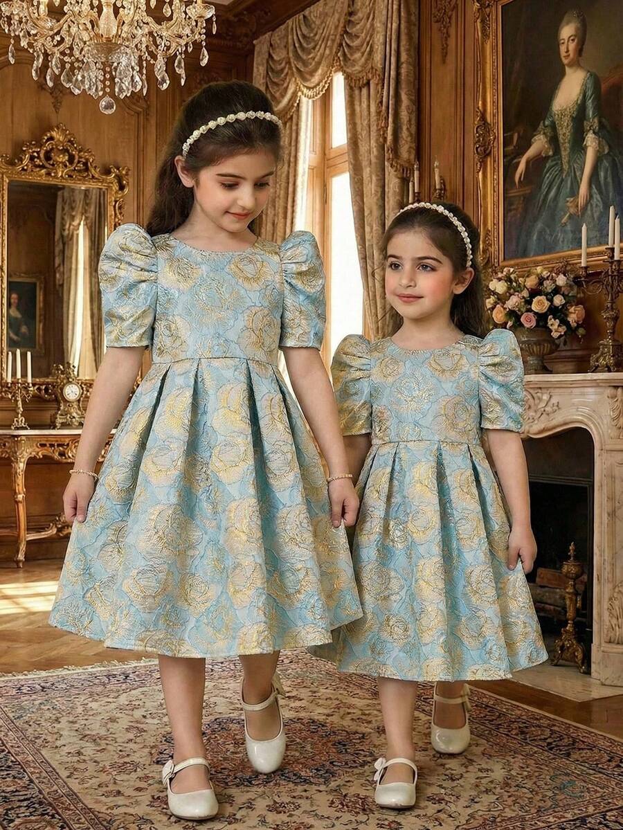 SHEIN Đầm hè tay ngắn thanh lịch in hoa dễ thương cho bé gái - Màu xanh lam - Xem 1