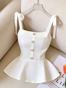Elenzga New Waffle Ruffle Strap Bow Pearl Metal Buckle Versatile Commuter French Elegant Women Camisole - Beige - View 4