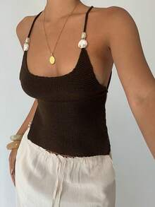 Aloruh 女士夏季手工钩编露背波西米亚风沙滩度假上衣 - 棕色 - 查看 5