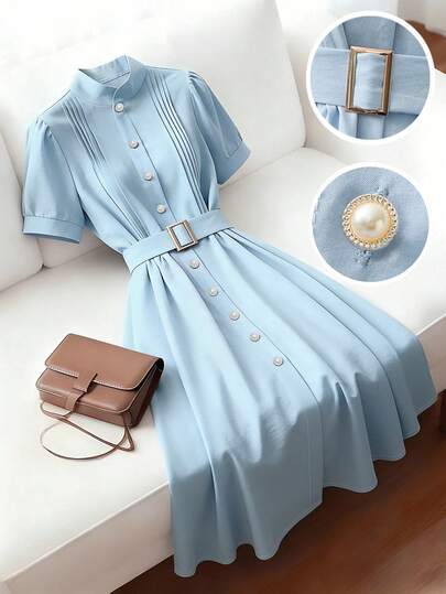 GlowEve 浅蓝色翻领短袖中长连衣裙，配金属扣腰带，设计优雅别致，适合情人节、复活节、劳动节、生日、约会、派对、正式场合、教师装、旅行、春夏穿着。
