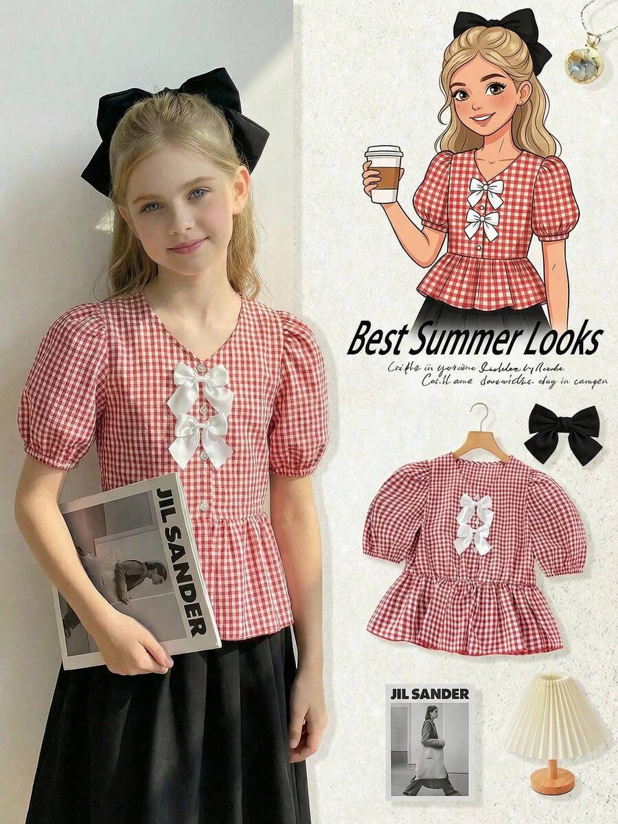 Girls' Red & White Plaid Minimalist Korean Style White 3D Bow Puff Sleeve Waist Shirt - Red and White - View 1