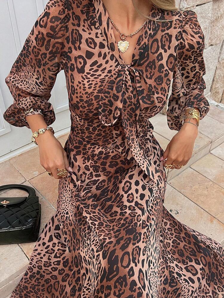 Women's V-Neck Leopard Print Twist Waist Elegant Long Dress, Suitable For Party And Gathering Sundress