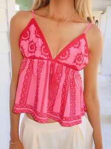 Sydney Algeri 女士编织复古印花 V 领吊带背心 春夏装、夏装、情人节、女士度假装、女士沙滩装、节日、浪漫优雅服装、波西米亚风、波西米亚风、甜美、狂欢节装扮、热带度假女士服装 - 粉色 - 查看 3