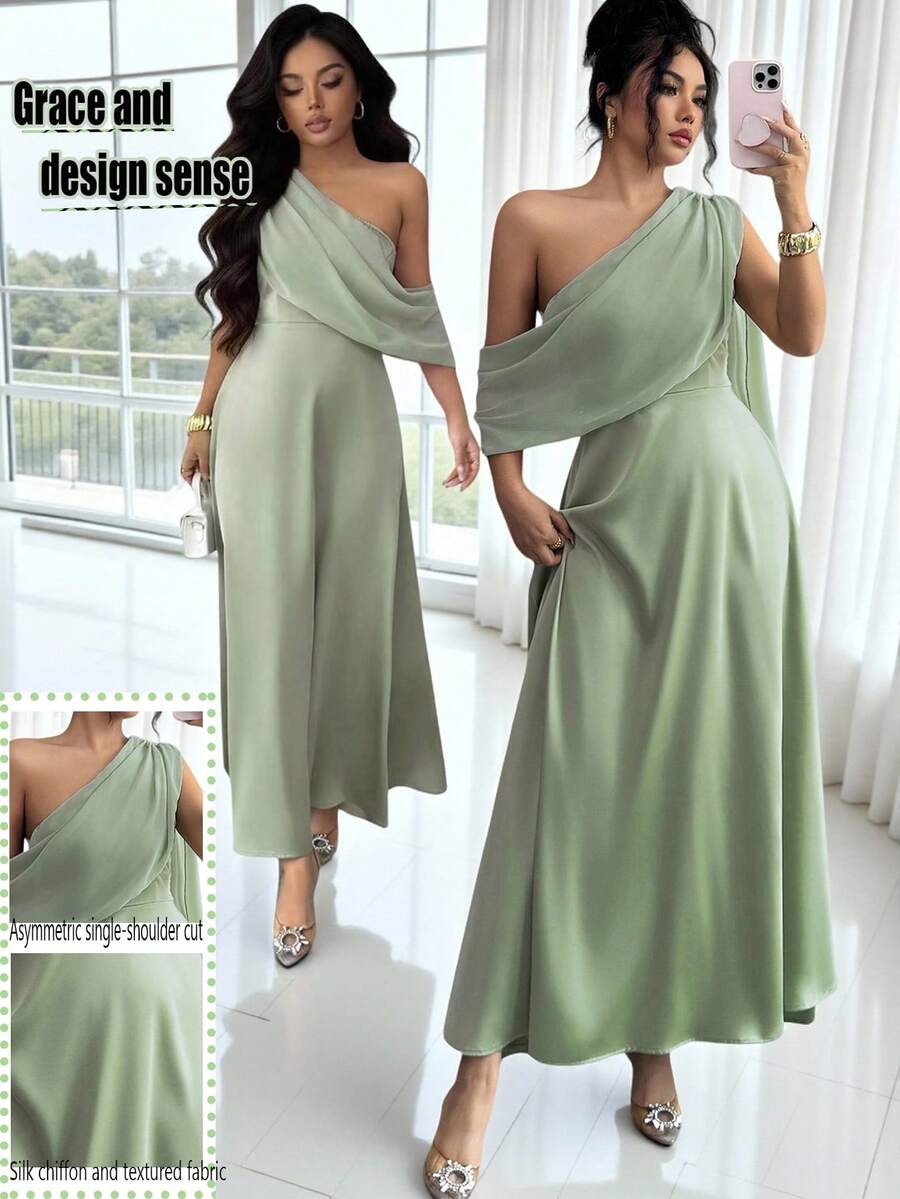 Elenzga New Elegant Casual Chiffon Draped One Shoulder Shawl Collar Long Dress, Waist-Cinching Satin Shiny Style, Spring/Summer - Green - View 1