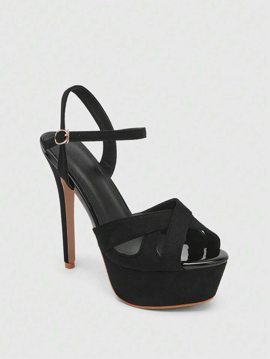 Glitzique 14CM高跟鞋厚鞋底涼鞋,防水防水台,金屬亮絲細跟女性鞋 - 黑色 - 查看 1