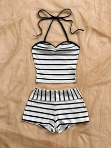 Soleia Women's Striped Halter Tie Top And Shorts Casual 2 Pieces Set - Black and White - View 3