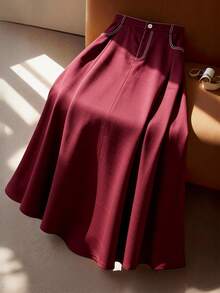 GlowEve CURVE Plus High Waist Contrast Stitch Flare Skirt - Burgundy - View 1