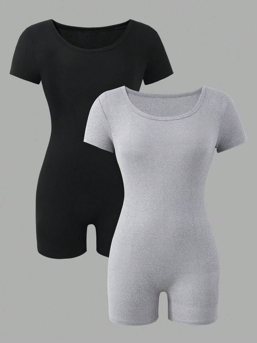 SHEIN 2件套 少女春夏休闲日常居家运动健身瑜伽方领短袖短裤紧身纯色连体裤 - 彩色 - 查看 1