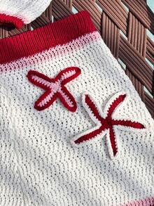 Elamini Women's Spring/Summer 3D Crochet Bow & Starfish Cute Casual Versatile Crop Top & Shorts Knit 2 Pieces Set - Multicolor - View 4