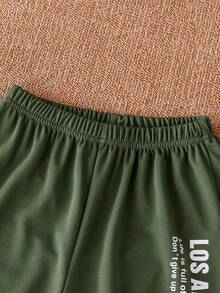 SHEIN Mirajuku Tween Boys' Simple Printed Round Neck Short Sleeve Top And Long Pants 2pcs Outfit - Army Green - View 6