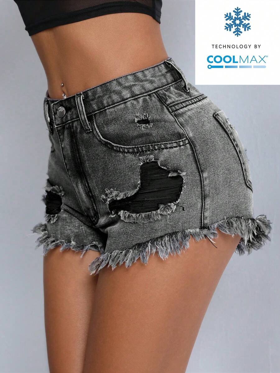 SHEIN PETITE Quần short denim bạc màu, phong cách thường ngày mùa hè. - màu đen - Xem 1