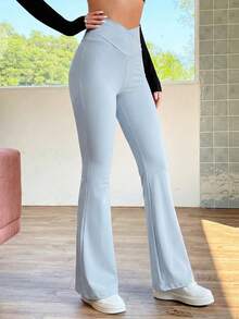 SHEIN EZwear 女士休闲高腰喇叭浅蓝色长裤，春夏款 - 淺藍色 - 查看 4