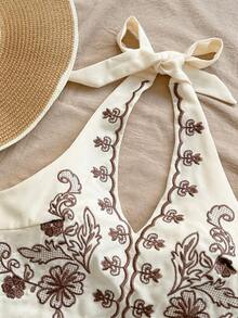 Soleia Bộ đồ hai mảnh không tay kiểu vintage buộc dây cổ cho nữ, thời trang mùa hè. - Nhiều màu - Xem 2