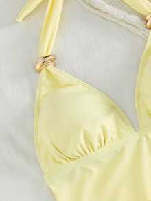 Bonvoyette Summer Vacation Cherry Print Spaghetti Strap Hollow Tie Waist Tankini Swimsuit 2 Pieces Set - Yellow - View 4