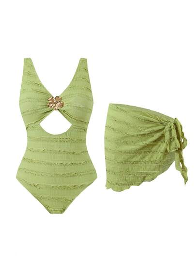 Swim Oasis Plus Size Solid Color Jacquard Fabric Deep V-Neck Metal Decor Waist Hollow Edge Smooth Matching Solid Color Jacquard Fabric Side Drawstring Hem Skirt Minimalist Elegant Fashionable Sexy Beach Resort One-Piece Swimsuit For Women