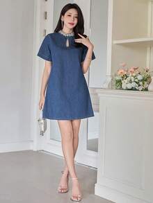 DAZY Women's Casual Rivet Studded Stand Collar Straight Short Denim Dress, Summer - Blue - View 3