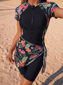 Swim Mulvari Bộ đồ bơi Burkini 3 món tay ngắn có khóa kéo in họa tiết hoa ngẫu nhiên dành cho nữ, thích hợp cho kỳ nghỉ biển. - Nhiều màu - Xem 4