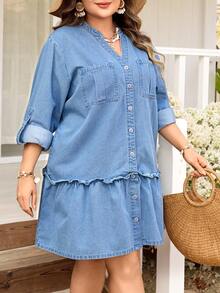 EMERY ROSE Đầm denim tay lửng màu xanh nhạt, không co giãn, dáng rộng thoải mái, cỡ lớn dành cho nữ. - Rửa nhẹ - Xem 6