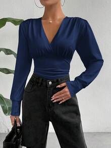 SHEIN Essnce 女士纯色交叉 V 领荷叶边长袖收腰紧身衣，时尚秋季 - 藏蓝色 - 查看 6