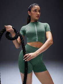 Powerista Women's Raglan Sleeve Zip-Up Cropped Top And High Waist Shorts Shapewear Activewear Set - Green - View 5