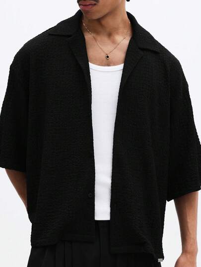 SUMWON Men's Oversized Short Sleeve Button Up Shirt With Textured Fabric And Spread Collar For Casual Summer Streetwear Style