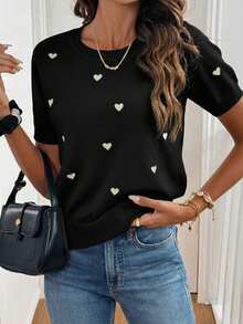 SHEIN Frenchy ملابس علوية قصيرة الأكمام مطبوعة بالقلب للنساء - الأسود - مشاهدة 3