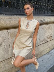 Siren Gaze Women's Round Neck Sleeveless Hollow Out Rhinestone Mini Dress,Beige Summer Classy Elegant Brunch White Chic Cocktail Party Luxury Embellished Outfit - Apricot - View 6