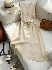 Breezaya 女士休闲纯色前扣无袖连衣裙，夏季 - 杏色 - 查看 4