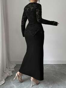 Modelyn Plus Size Women Elegant Keyhole Neck Contrast Lace Button Waist Bodycon Dress - Black - View 2