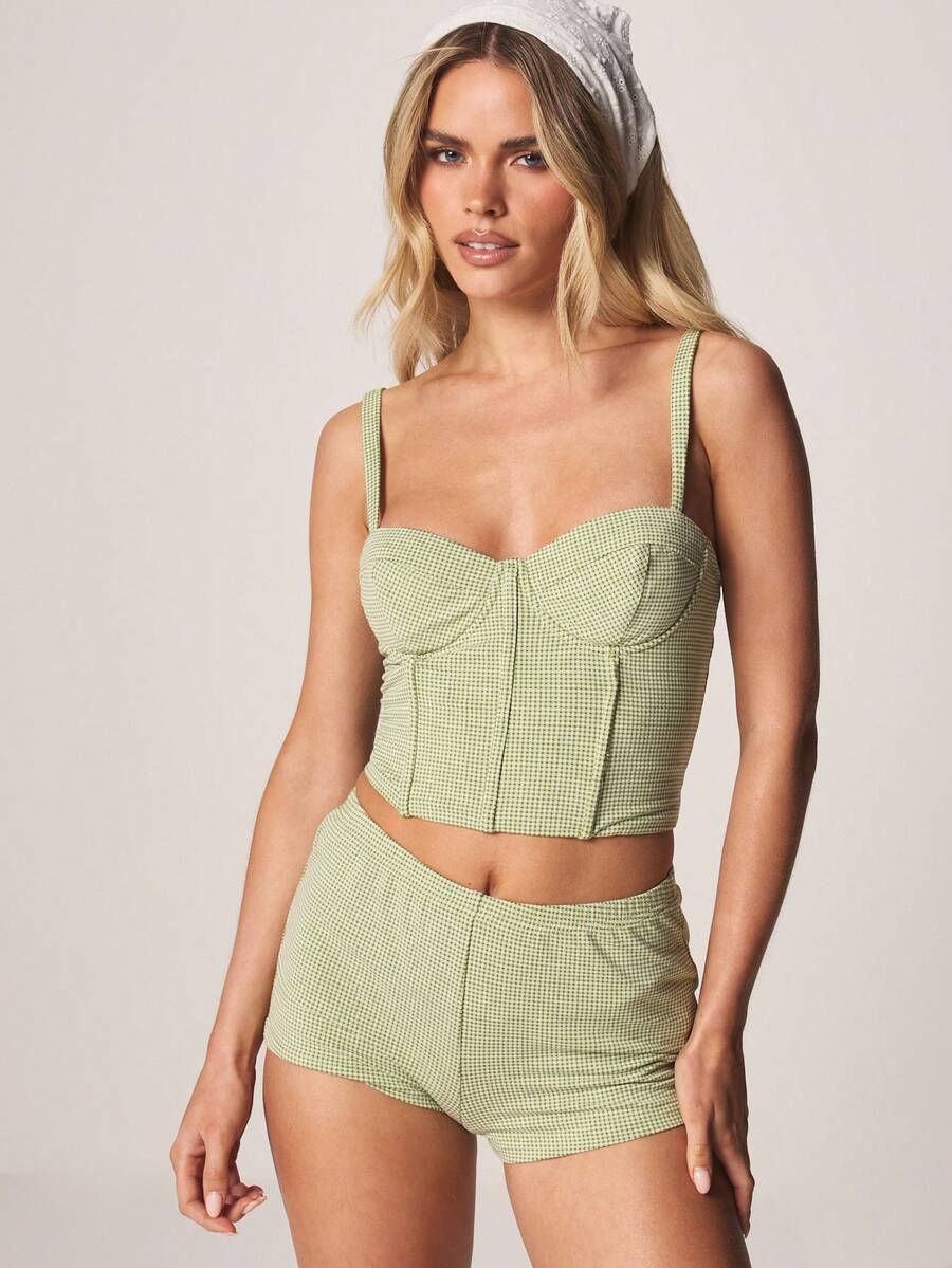 MISSGUIDED 格纹高腰超短热裤，前拉链设计，适合夏季节日穿着，复古风情 - 綠色 - 查看 1