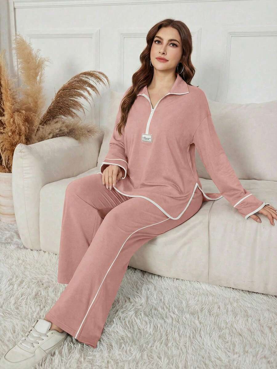 Modelyn Damen Schwarzer Stehkragen Halb-Reißverschluss Hoodie mit Buchstaben-Patch, lässiges Loose Fit 2-teiliges Set, geeignet für Herbst/Winter - Altrosa - Übersicht 1