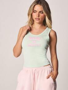 MISSGUIDED 粉色文字印花罗纹无袖背心，圆领设计，休闲夏季基础款修身背心，常规长度 - 綠色 - 查看 1