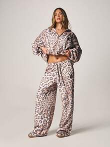 Missguided x Playboy Leopard Print Wide Leg Drawstring Sweatpants With Logo Detail Relaxed Fit Loungewear Comfortable Casual Pants Fall Winter Joggers - Multicolor - View 3