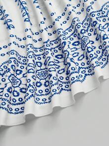 Sweetra 时尚度假风印花性感露背收腰吊带连衣裙，夏季 - 藍色 - 查看 4