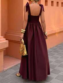 Elenzga 女士系带A字连衣裙，时尚优雅，适合日常和度假穿着，春夏款 - 棕色 - 查看 2