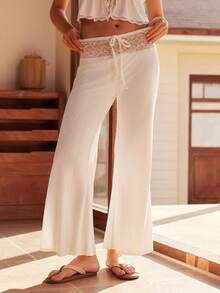 女士休闲宽松波西米亚风长裤，适合居家穿着、睡衣或外穿 - 白色 - 查看 3