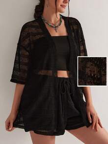 Freevana Bộ đồ 2 món cỡ lớn màu đen khoét lỗ gồm áo và quần short - màu đen - Xem 1