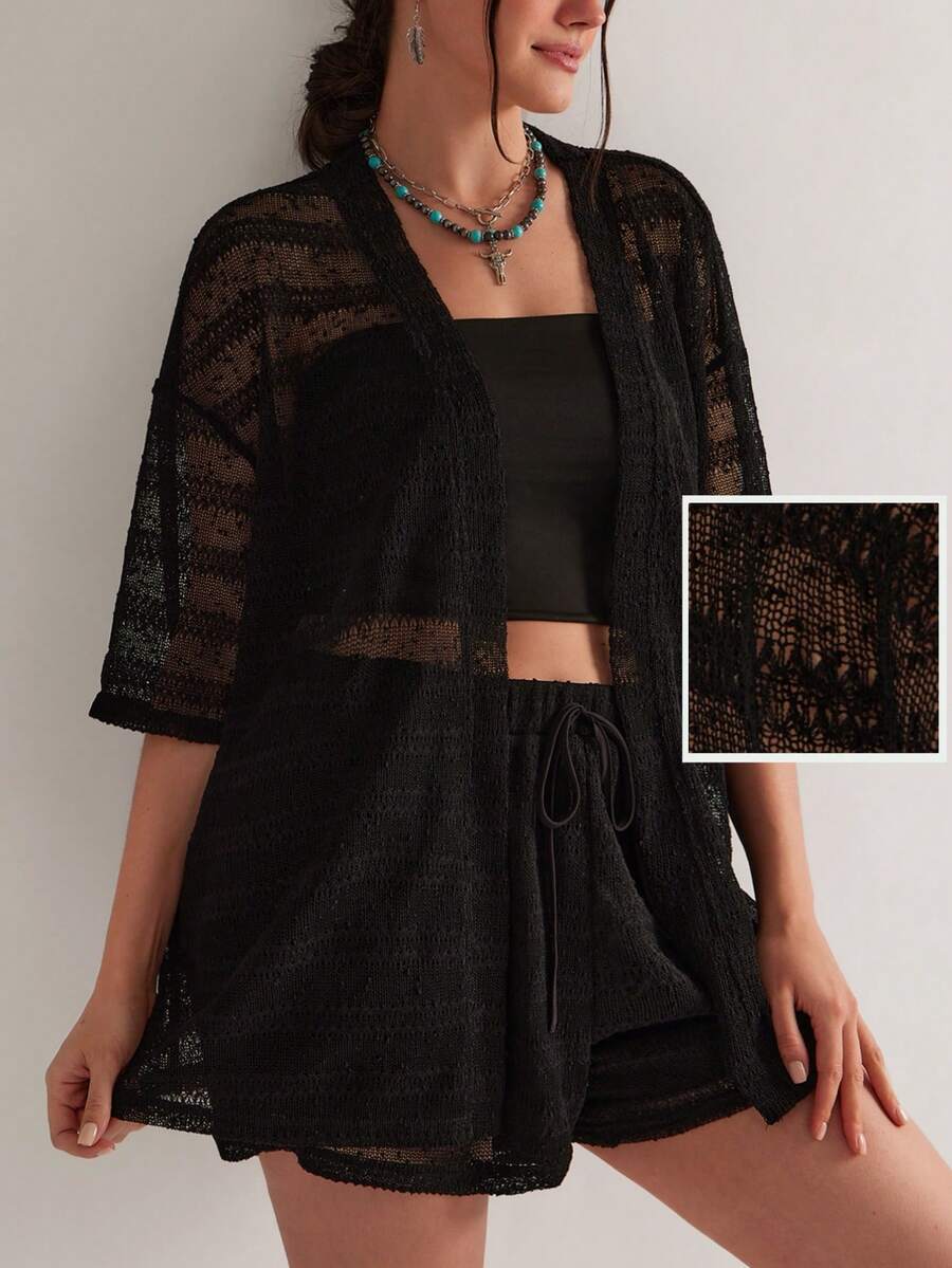 Freevana Bộ đồ 2 món cỡ lớn màu đen khoét lỗ gồm áo và quần short - màu đen - Xem 1