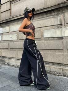 Coolane 女士黑色编织撞色滚边抽绳腰休闲阔腿裤 - 黑色 - 查看 2