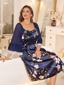 LuxeNights Mature Elegant Floral Print Lace Mesh Nightgown, Contrast Color Print Nightgown, Elegant Romantic Long Dress Nightgown For Plus Size - Multicolor - View 4