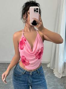Firerie 女士时尚优雅性感印花网纱深V领上衣，适合夏季度假，玫瑰花上衣，Y2K风格低胸上衣，花朵上衣，性感夏季上衣，粉色上衣 - 粉色 - 查看 5