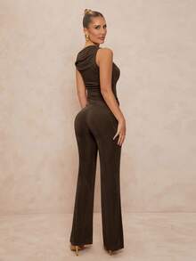 Lumalex 一套女士金属装饰不对称紧身上衣和裤子两件套，单肩优雅性感女装 - 鏽棕色 - 查看 7