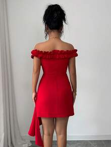 Elenzga 女士优雅浪漫荷叶边下摆无袖修身迷你连衣裙，适合情人节约会、春夏穿着 - 紅色 - 查看 2