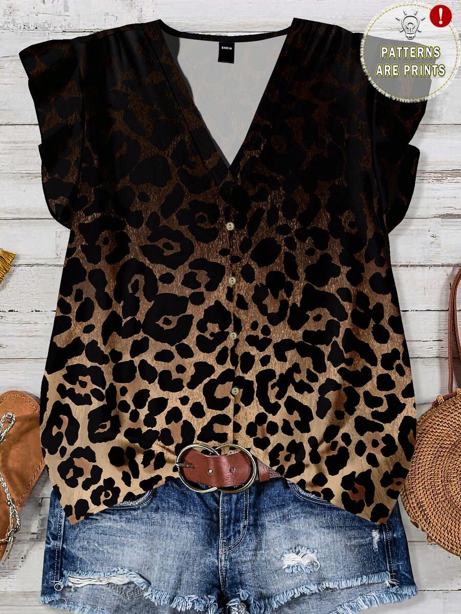 EMERY ROSE Casual Minimalist Vacation Bohemian Elegant Retro Leopard Print Patterned Shirt - Multicolor - View 1