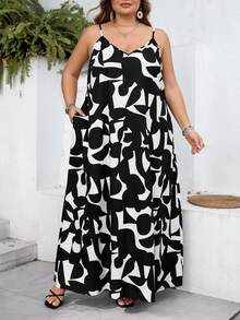 SHEIN CURVE+ Geometric Print, Long Slip Dress Suitable For Everyday Casual Wear Long Dress Summer Women - Black and White - View 5