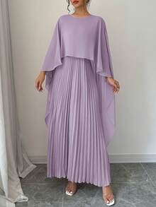 Rafferiza 优雅迷人的褶皱披肩领长款连衣裙，女士套装 - 紫丁香色 - 查看 4